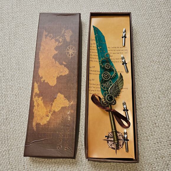 Calligraphy Turquoise Feather Pen with 5 different tips in box (smashed) - Picture 2 of 5